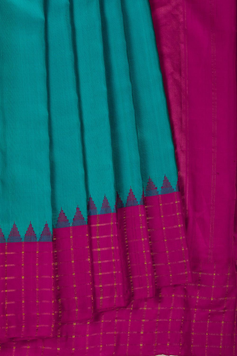 Gadwal Silk Teal-Blue Saree With Gorgeous Gold Checks Pink Border
